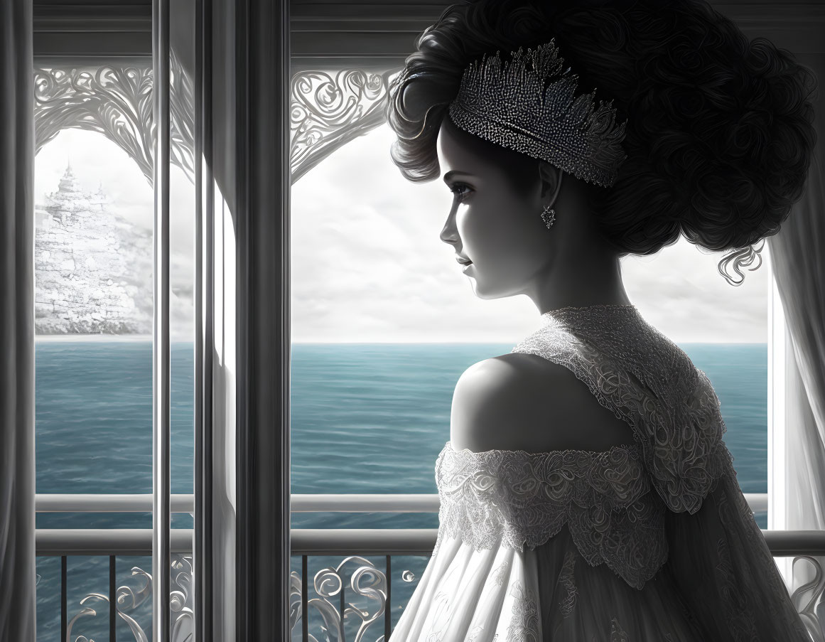 Elegant woman in tiara and lace dress gazes at distant castle through window.