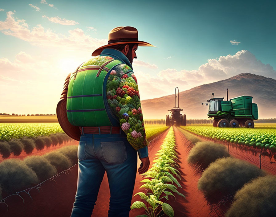 Farmer with backpack and plants overlooking sunny field with tractor