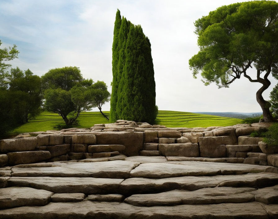 Tranquil landscape with stone staircase, cypress tree, rolling hills, and twisted tree