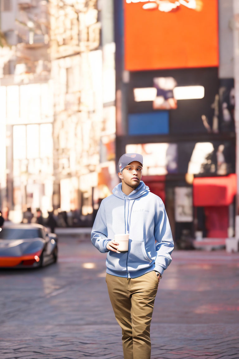 Young person in blue hoodie and khaki pants walking with coffee cup on sunny urban street