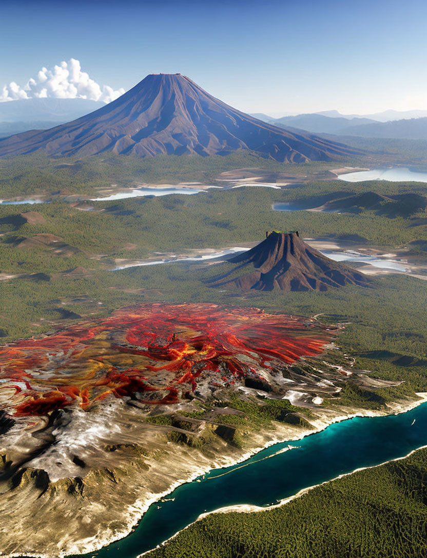 Vibrant volcanic landscape with cone-shaped volcano and lava flows