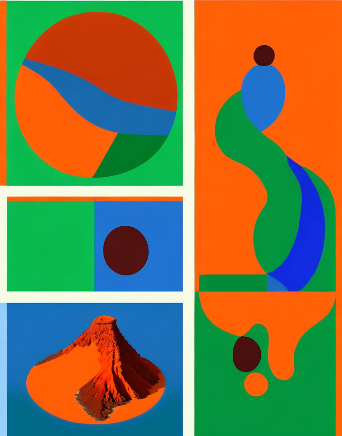 Vibrant abstract quadriptych with geometric and organic shapes, one panel showing orange mountain on