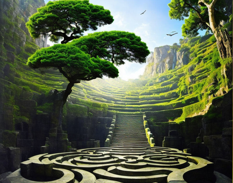 Green terraced landscape with lone tree, stone staircase, maze design, and birds.