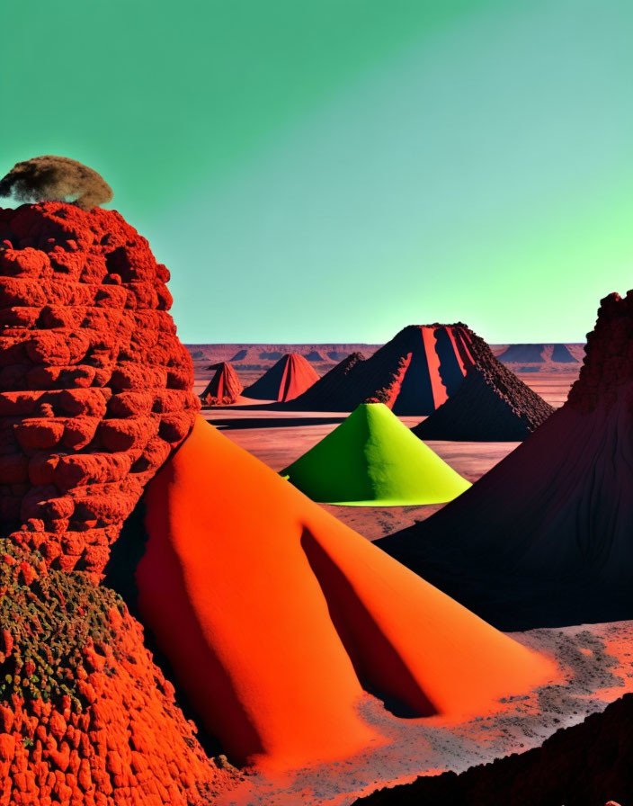 Colorful surreal landscape with red and green pyramids under a bright blue sky