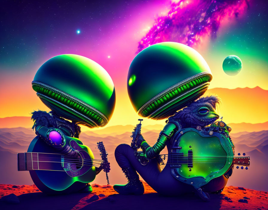 Stylized helmeted alien figures with instruments in surreal sunset landscape