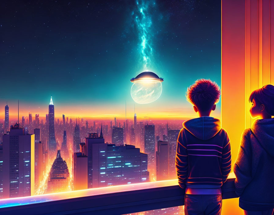 Futuristic cityscape with flying saucer and cosmic sky