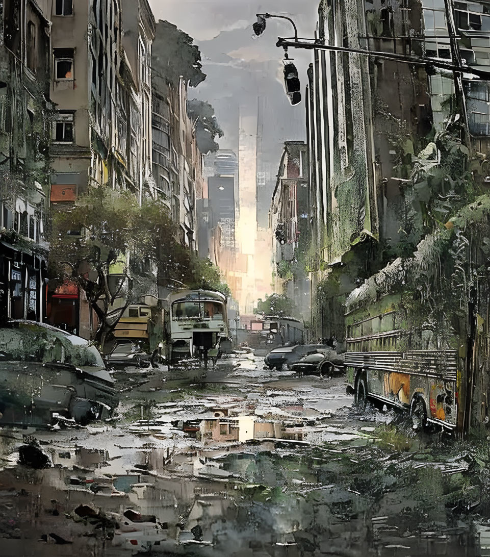 Post-apocalyptic city street with overgrown plants and abandoned vehicles