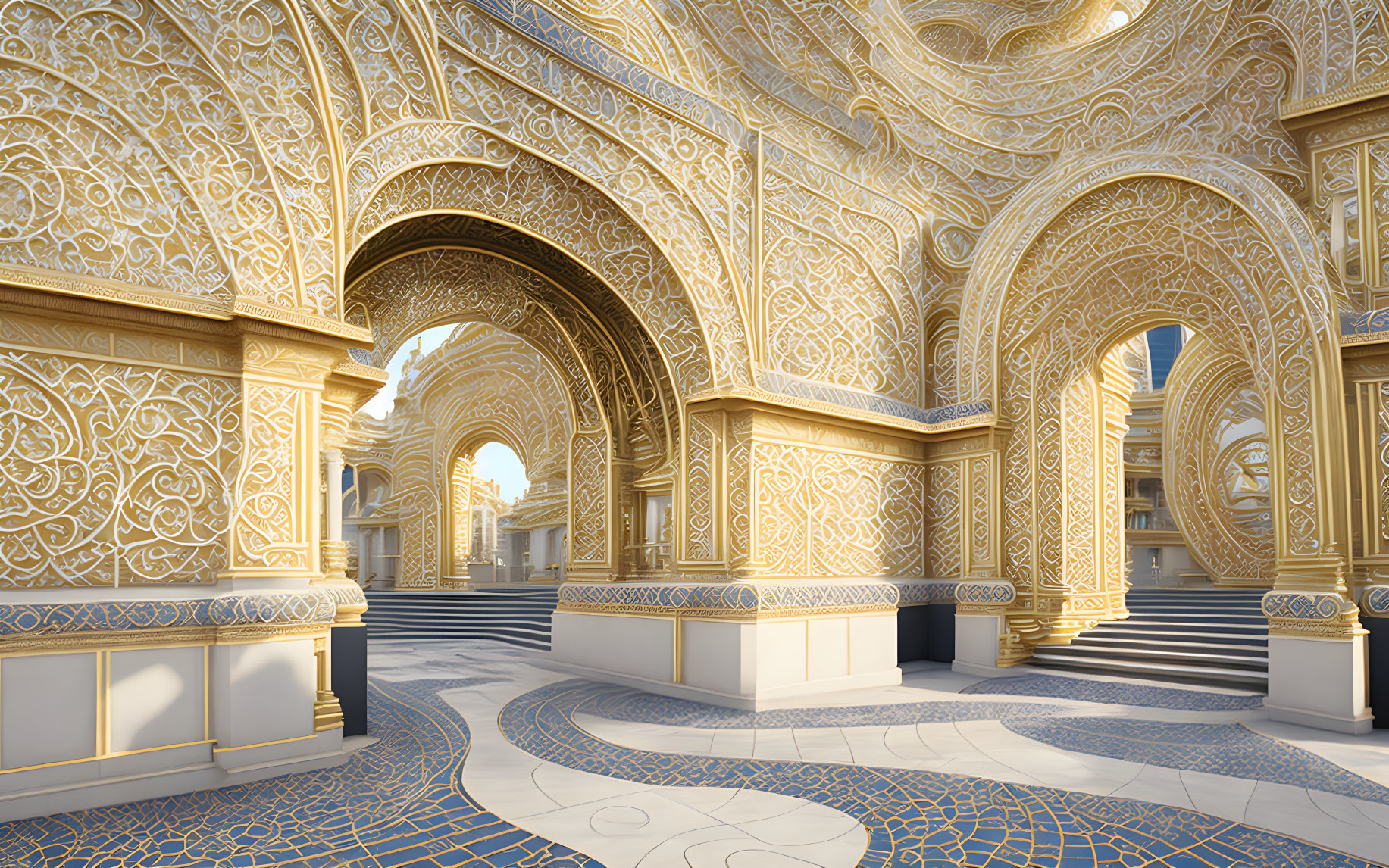 Luxurious Golden Arches and Intricate Designs in Sunlit Palace