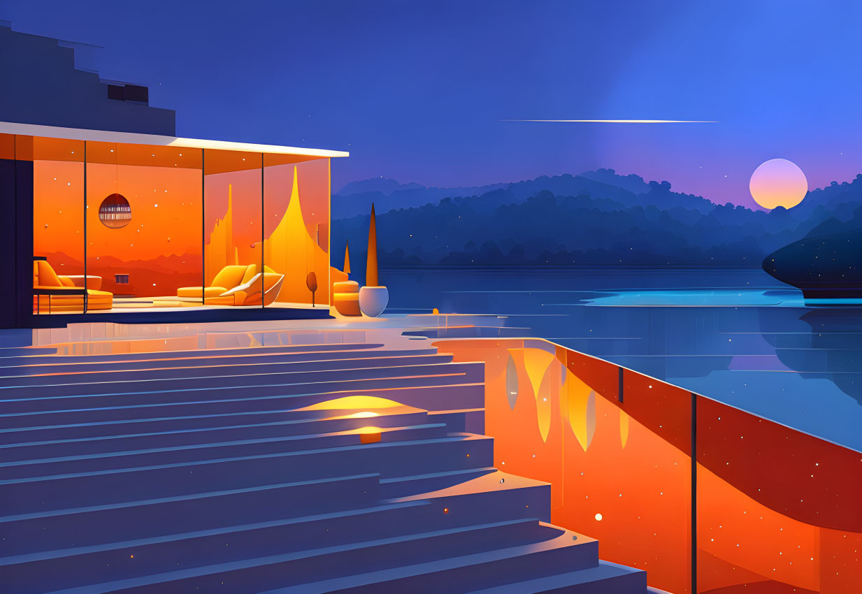 Tranquil lakeside evening scene with modern house terrace, calm water reflecting sunset glow.