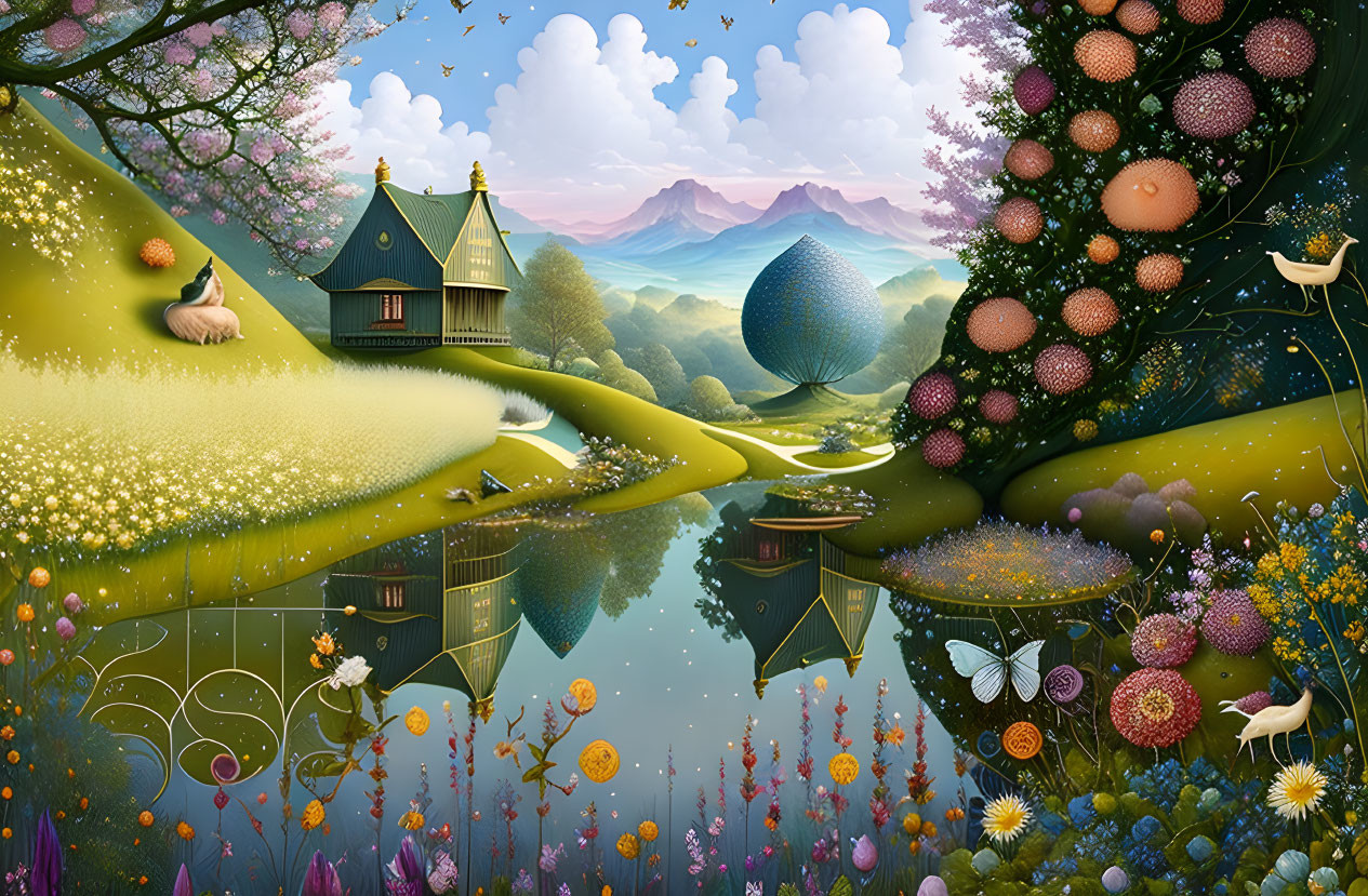 Colorful landscape with vibrant flowers, fantastical trees, serene lake, and lounging cat