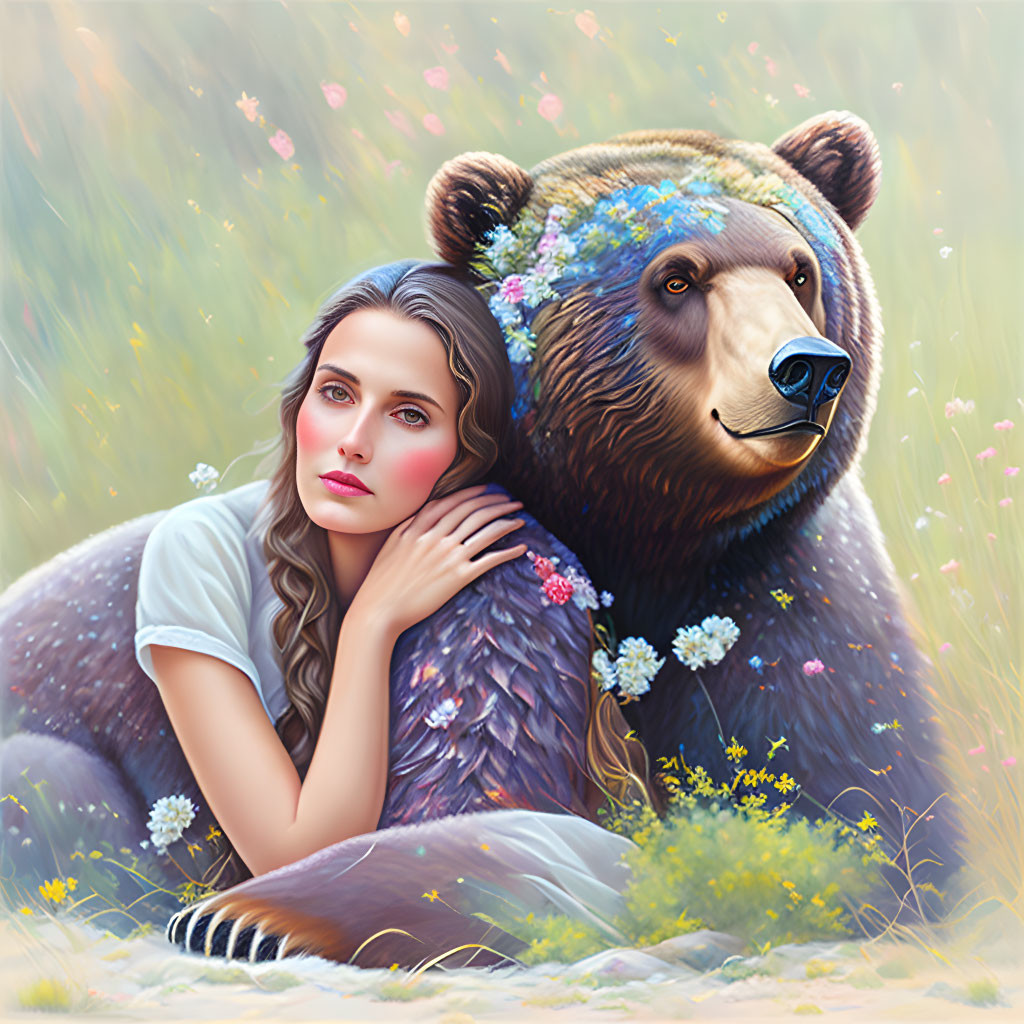 Woman with Flowers in Hair Resting Head on Bear in Flowery Field