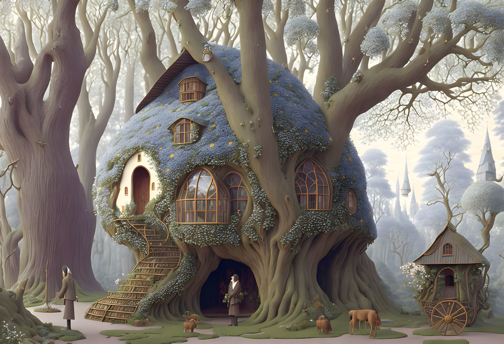 Illustration of large tree with cozy house, animals, nature, and linked treehouse.