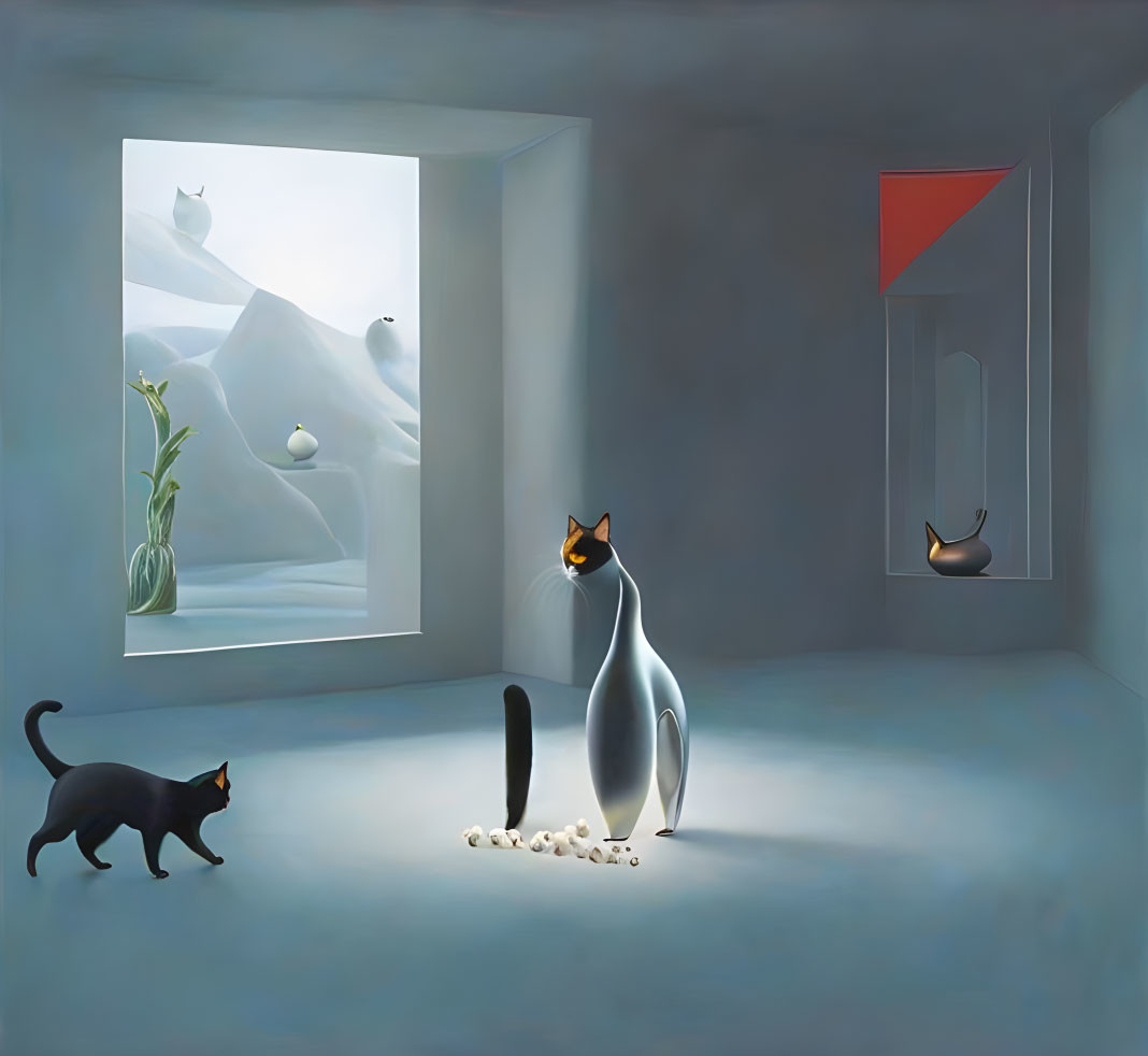 Three stylized cats in a surreal room with rounded stones, one looking out window at snowy landscape.