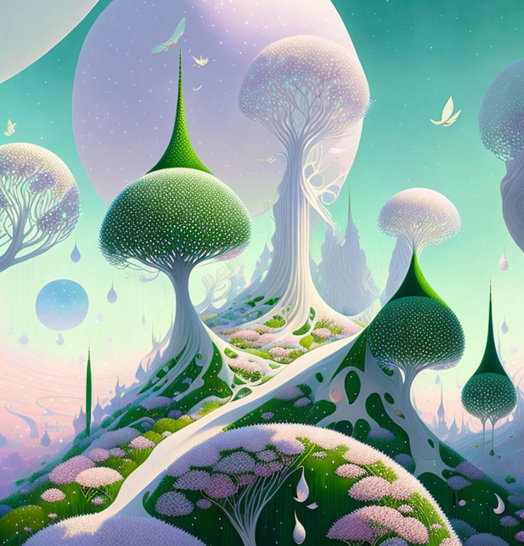 Vibrant fantasy landscape with oversized mushroom-like trees and floating orbs