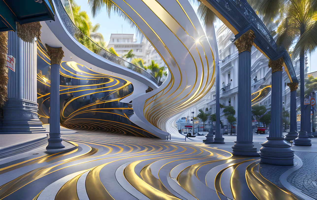 Futuristic cityscape with golden and black structure amid classical columns