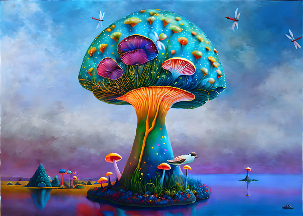 Colorful Mushroom Artwork on Island with Birds and Wind Turbines