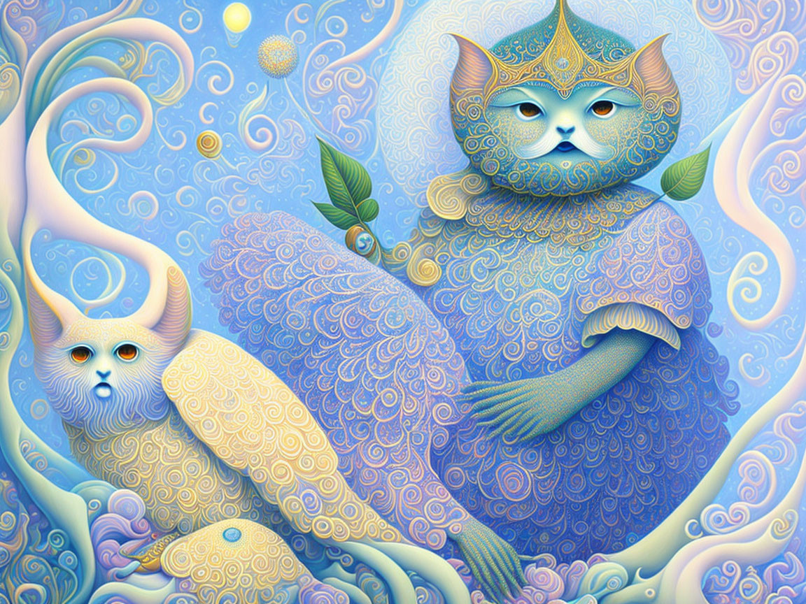 Stylized cats in regal attire with intricate patterns on whimsical blue backdrop