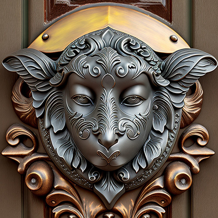 Intricate sheep's head door knocker on wooden door