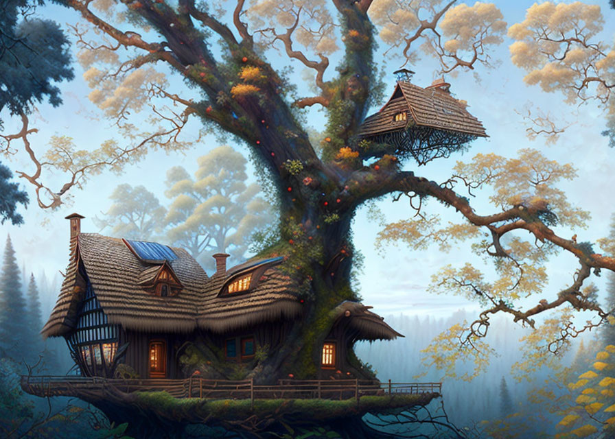 Enchanting Thatched Roof Treehouse in Misty Forest