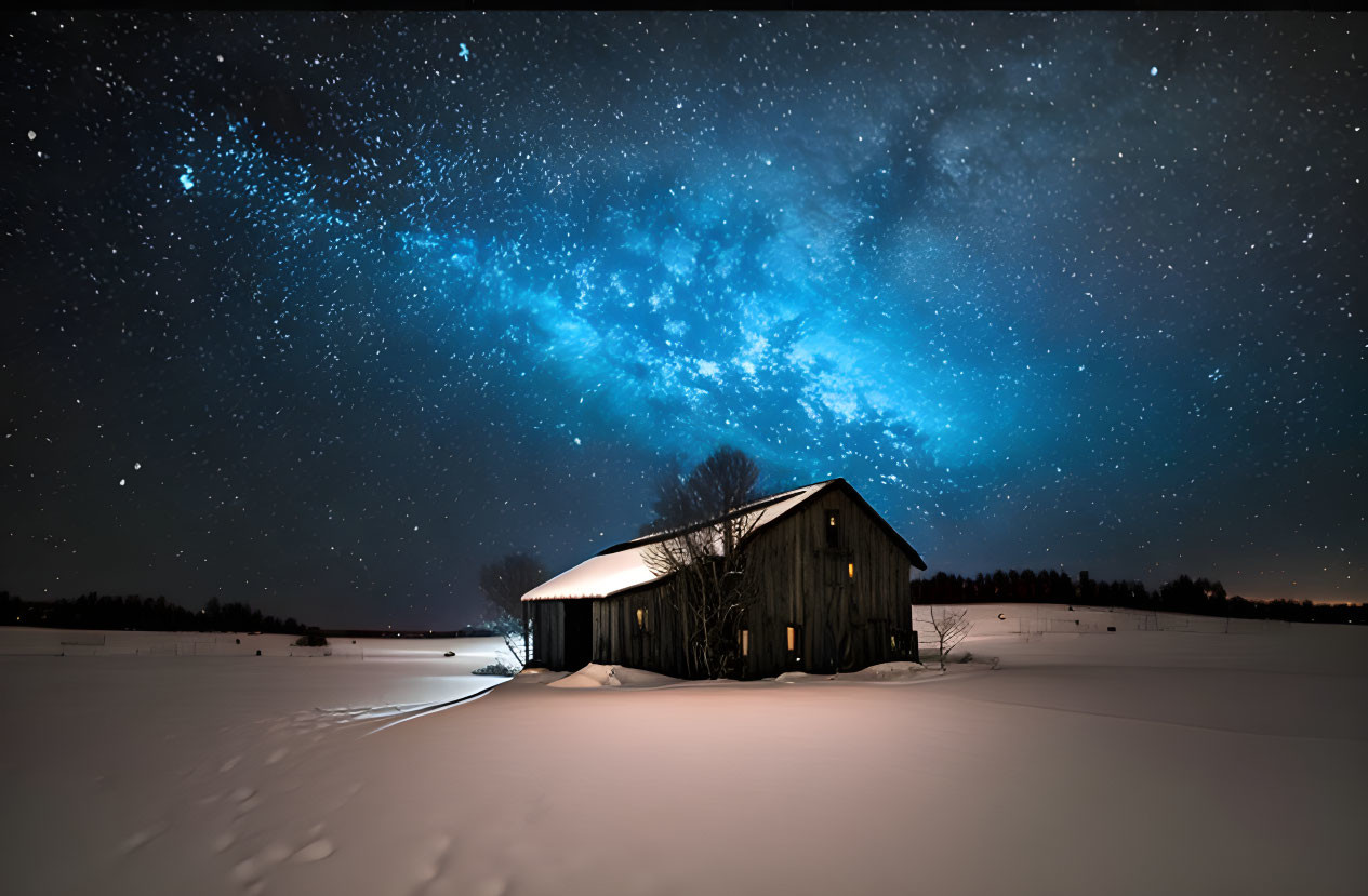 Rural barn under starry night sky with Milky Way, snow-covered landscape.