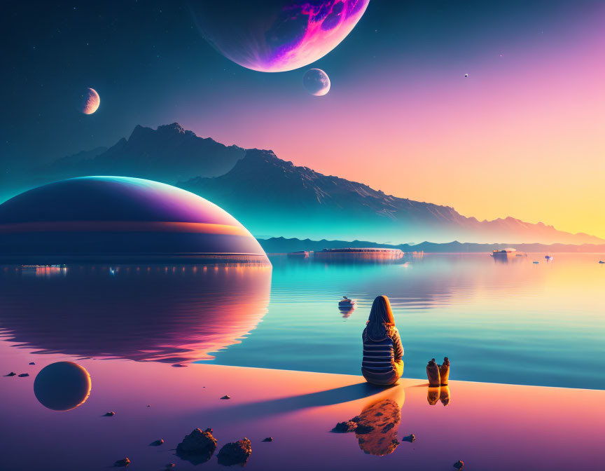 Person with Cat by Reflective Lake and Surreal Landscape with Mountains and Celestial Bodies