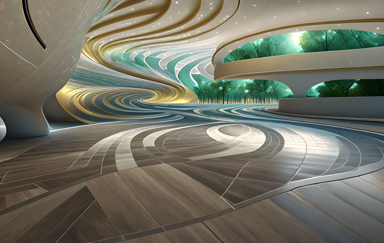 Swirling wooden patterns, greenery, and abstract designs in futuristic interior