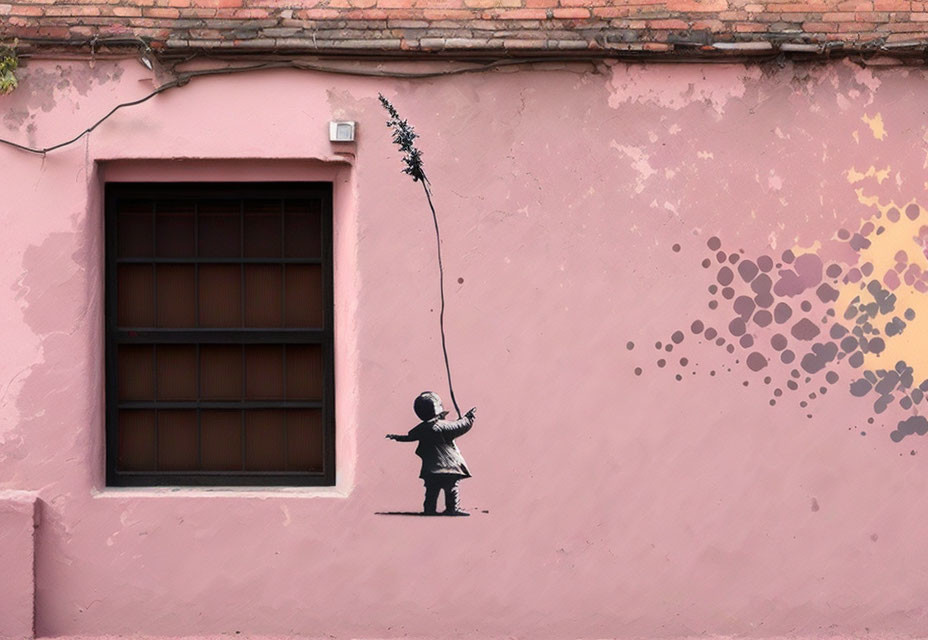 Child with vine mural beside barred window on pink wall