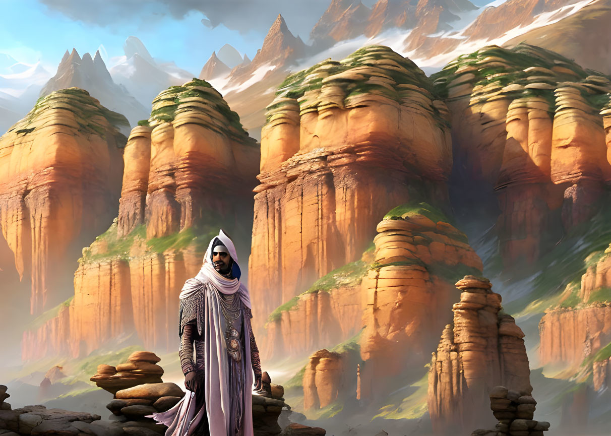 Robed Figure in Desert Landscape with Mesas and Mountains