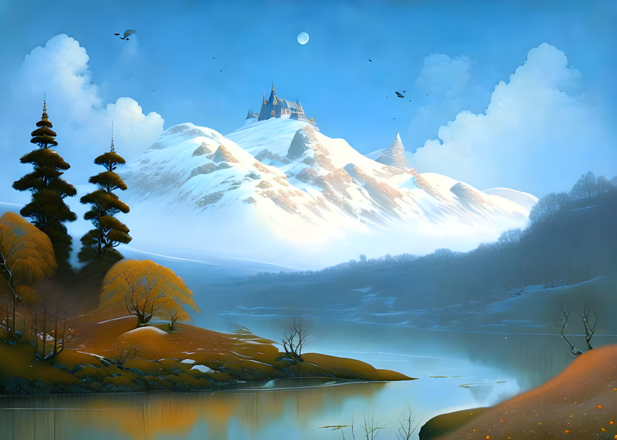 Snowy mountains, castle, lake, trees, birds in serene landscape