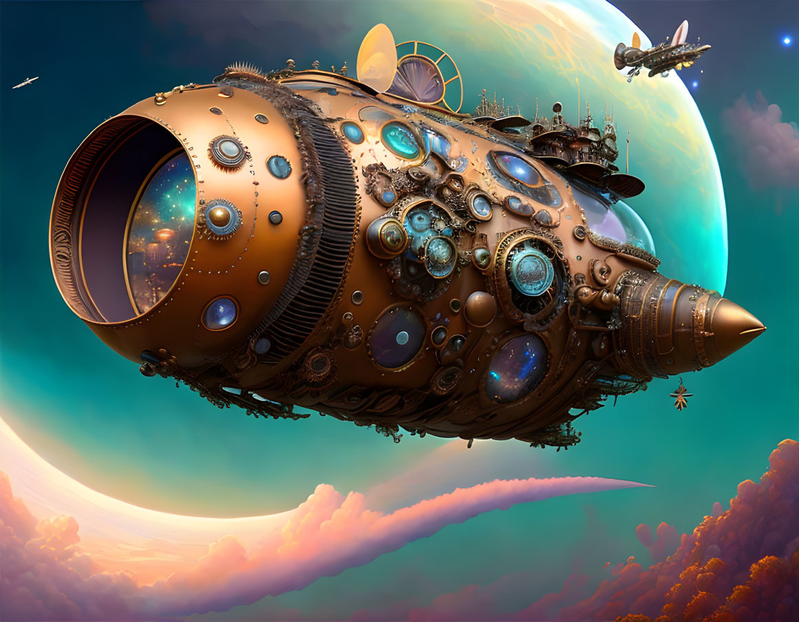 Elaborate steampunk airship in vibrant sky with moon