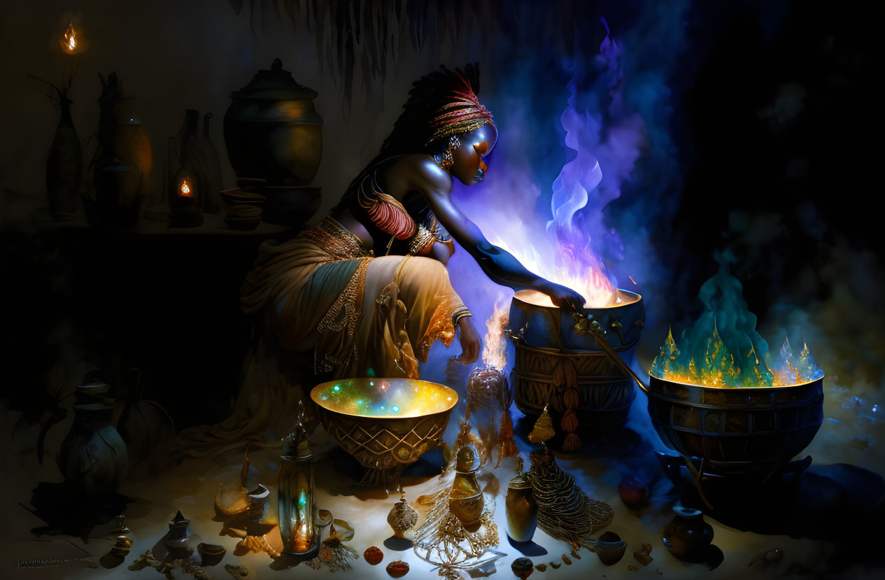 Woman in traditional attire performing ritual with blue flame in mystical setting