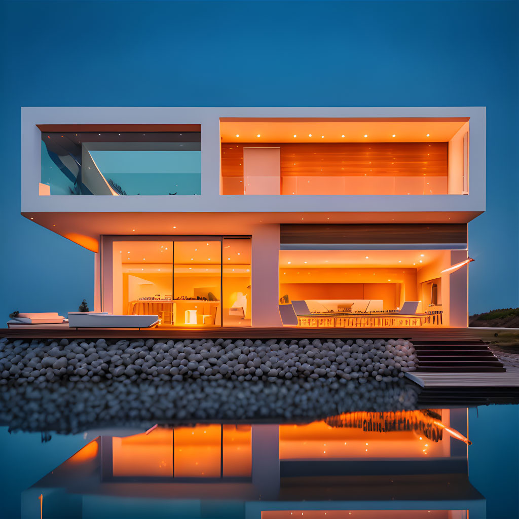 Geometric Two-Story House with Large Windows and Reflecting Pool at Dusk