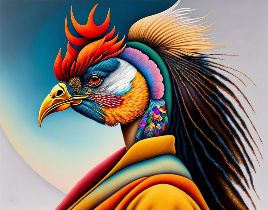 Colorful Rooster Painting with Detailed Plumage on Gradient Background