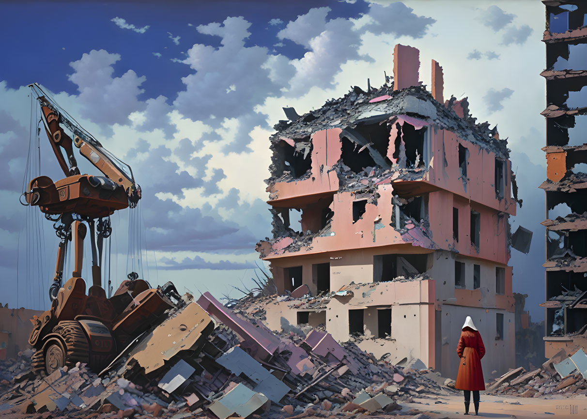 Solitary figure in red coat views demolished building with excavator among rubble