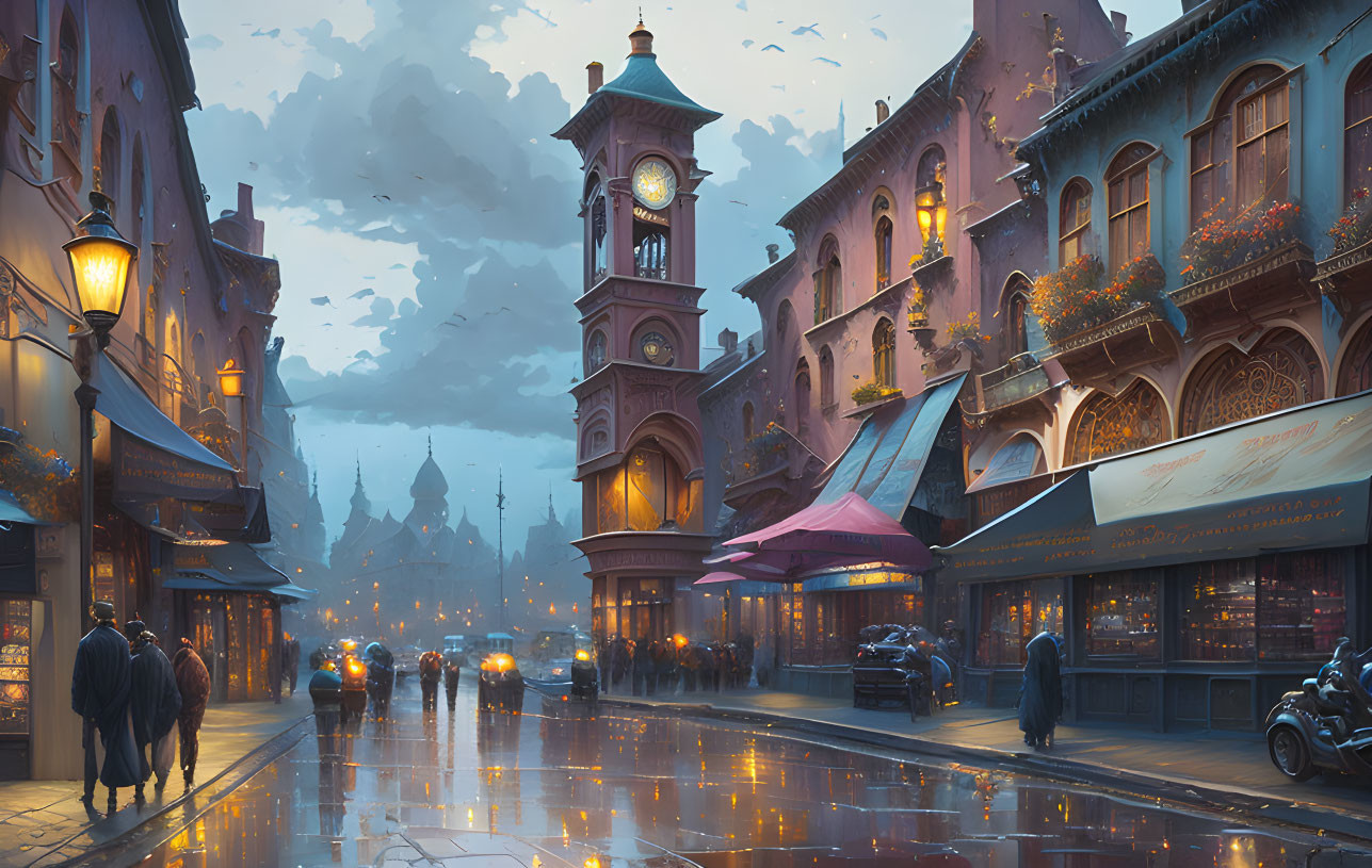 Rain-slicked cobblestone street with warm lights and clock tower in evening scene