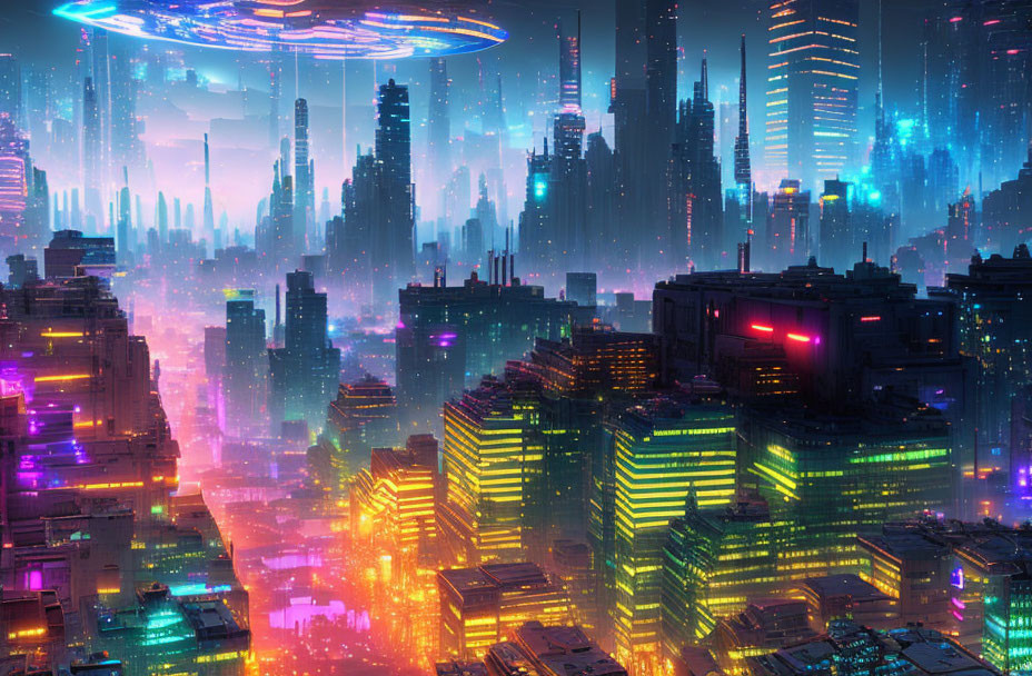 Futuristic Cityscape with Neon Lights and Skyscrapers at Night