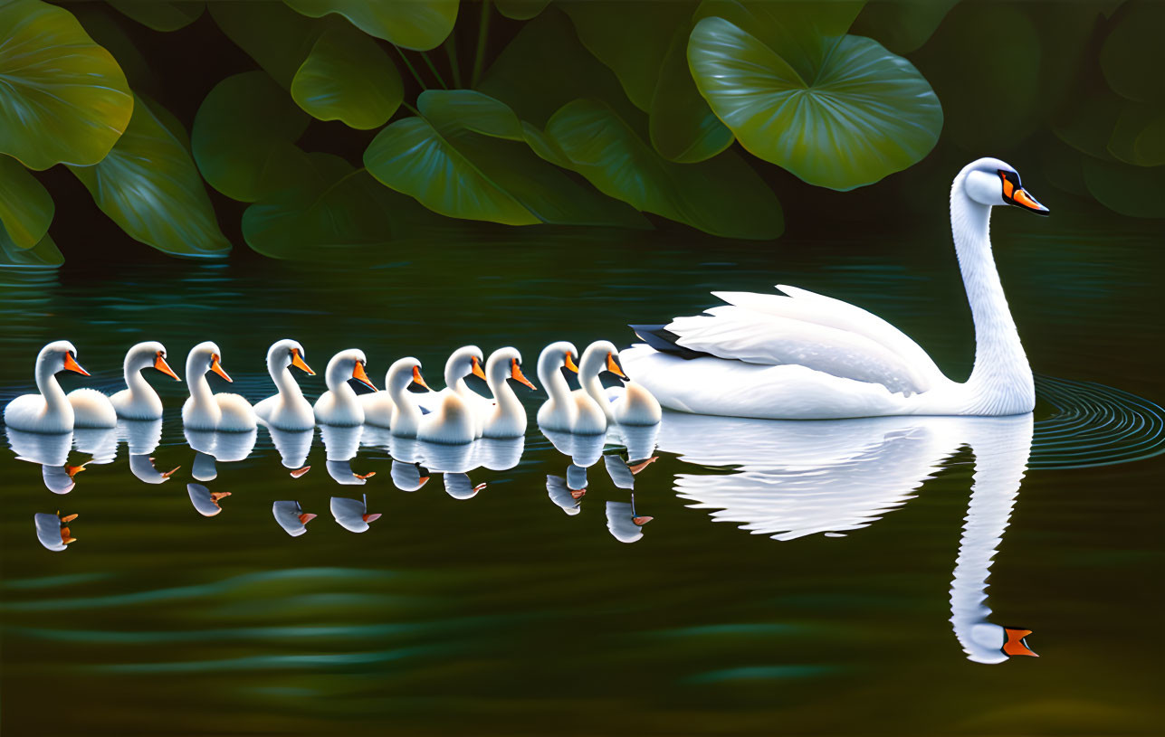 Tranquil swan and cygnets on reflective lake with lush greenery