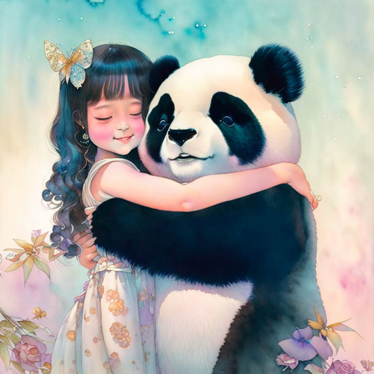 Young girl with dark hair hugging smiling panda under pastel sky with butterfly.