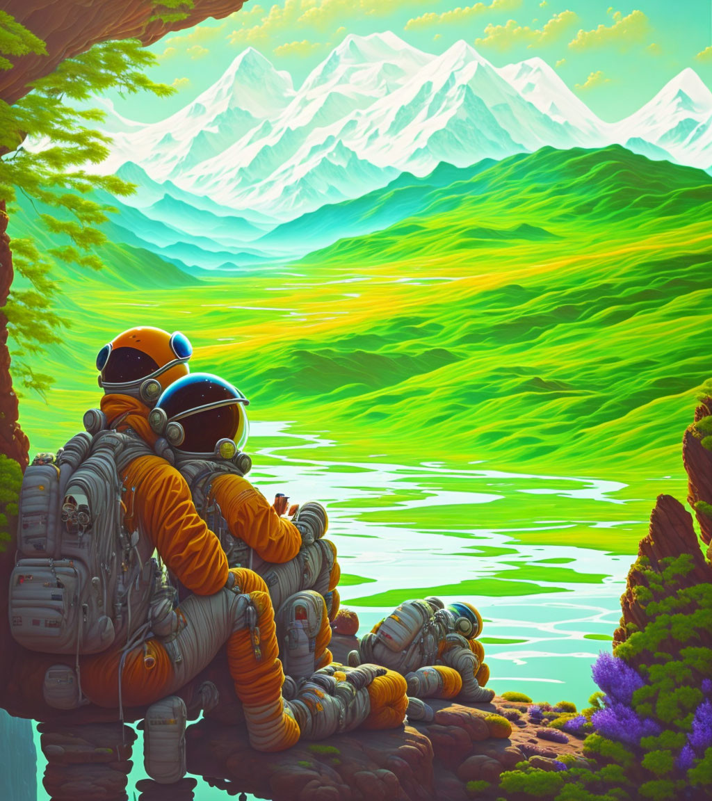 Two astronauts in orange suits on rocky ledge above green landscape