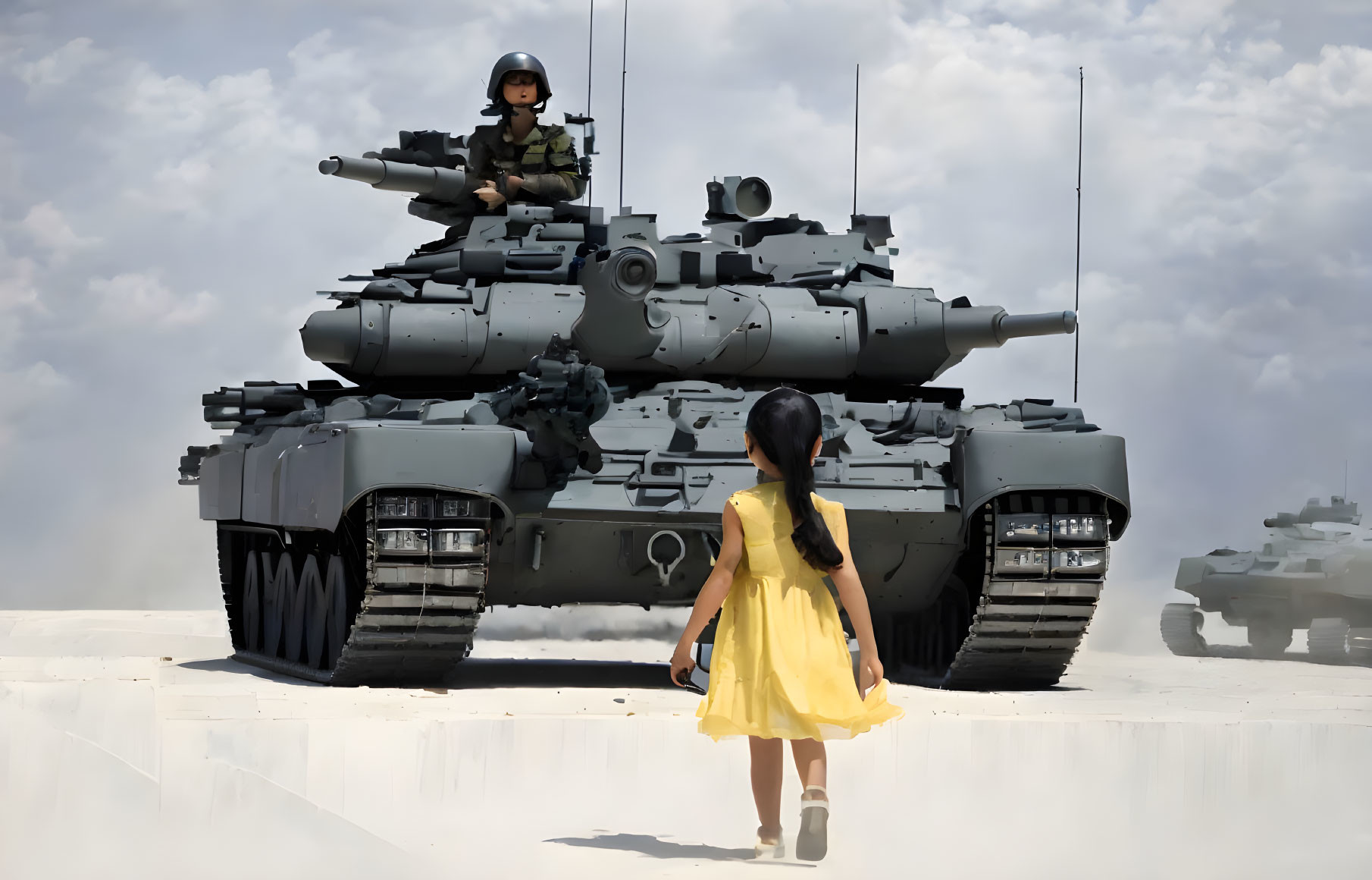 Young girl in yellow dress near tank with soldier under cloudy sky