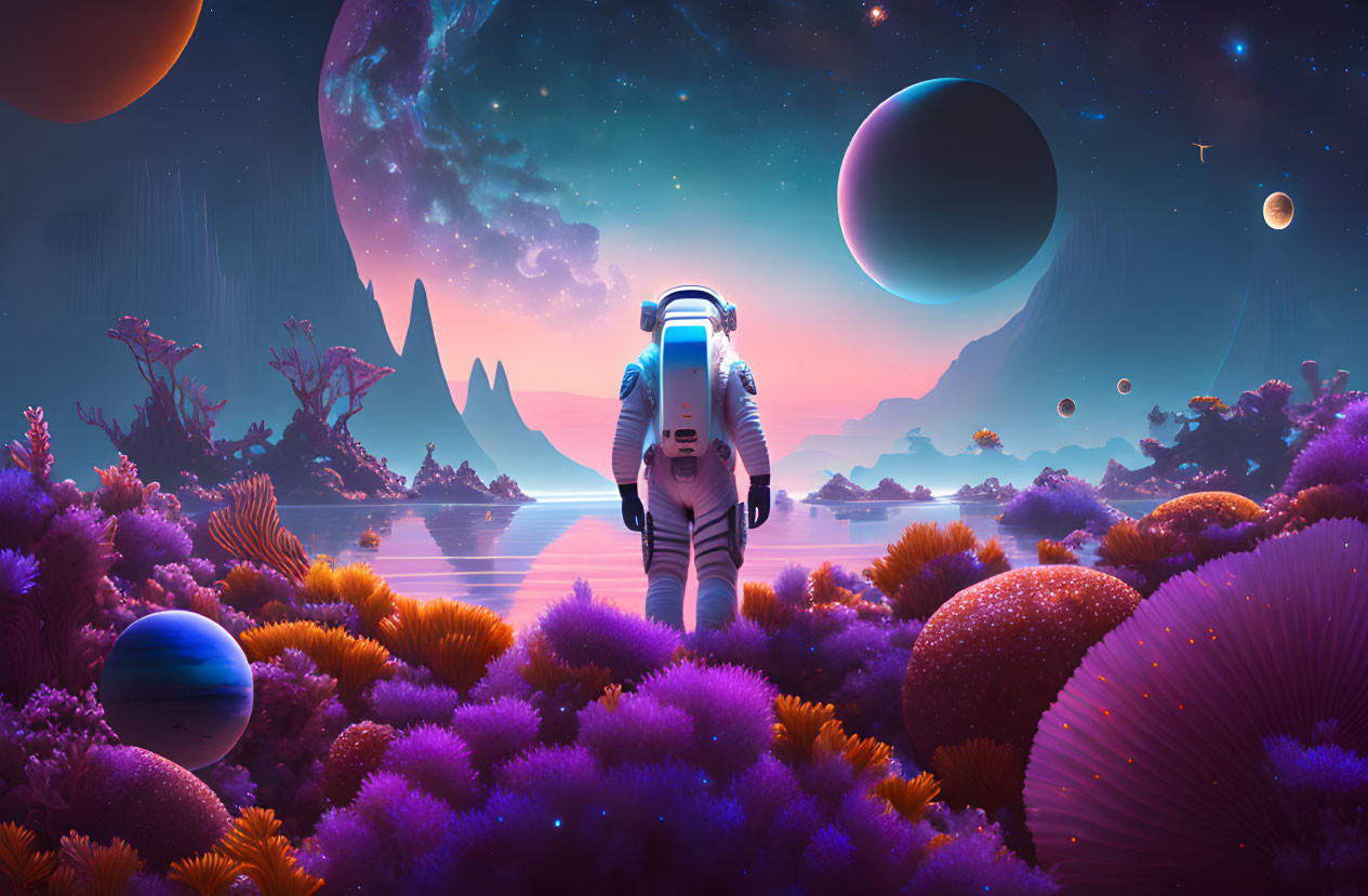 Astronaut on alien planet with vibrant purple flora and multiple large planets in colorful sky