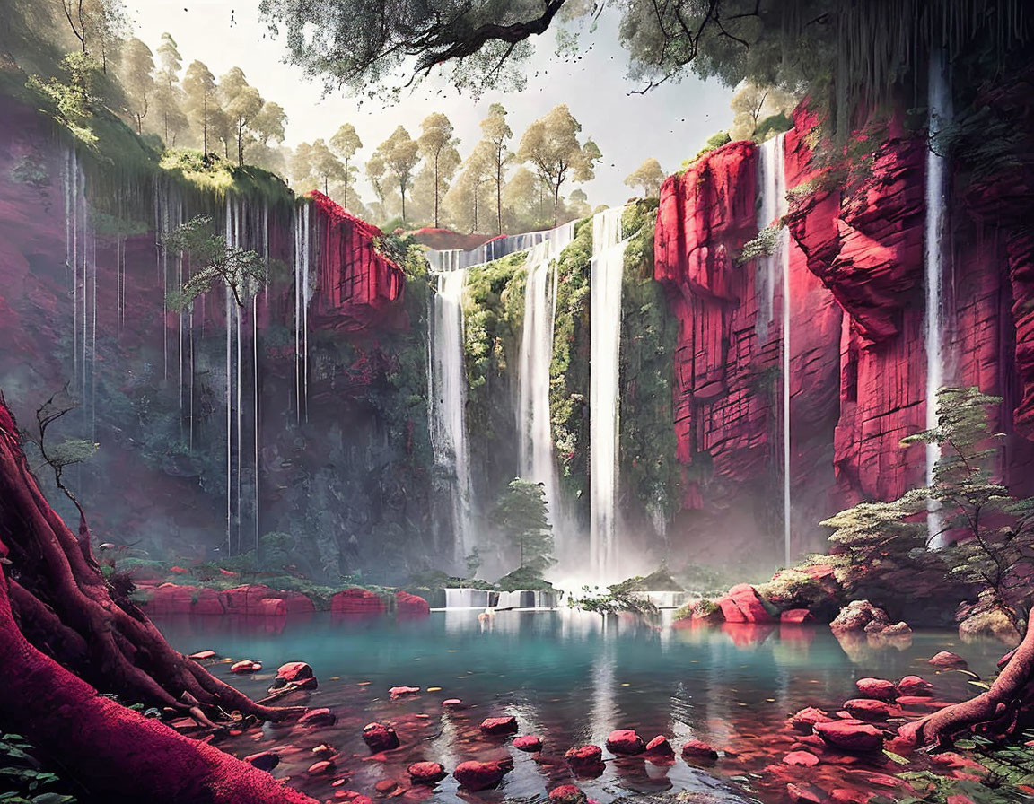 Fantasy waterfall scene with red cliffs and turquoise pool