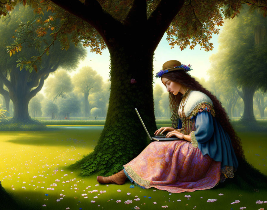 Historically dressed woman using laptop in serene garden setting