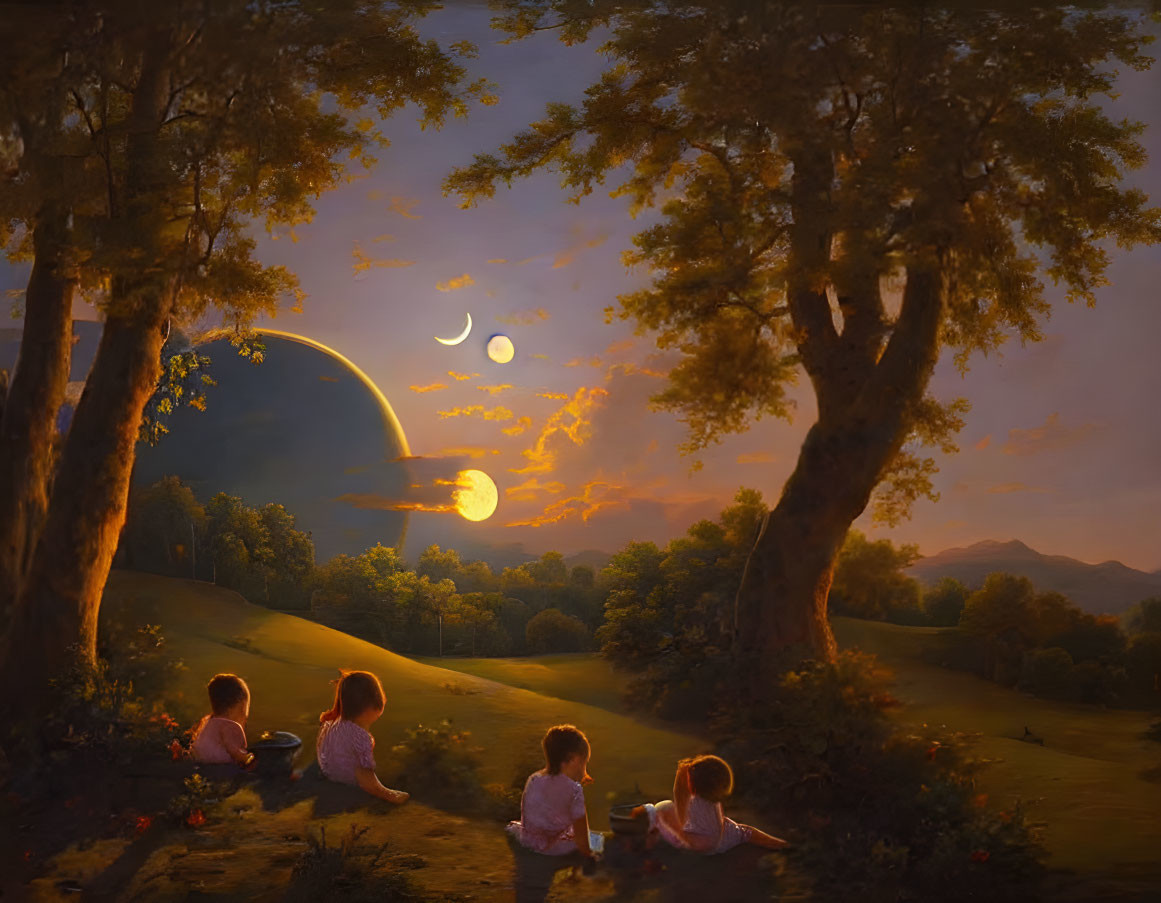 Four children on grassy hill under surreal twilight sky with moon, planet, and comet framed by trees