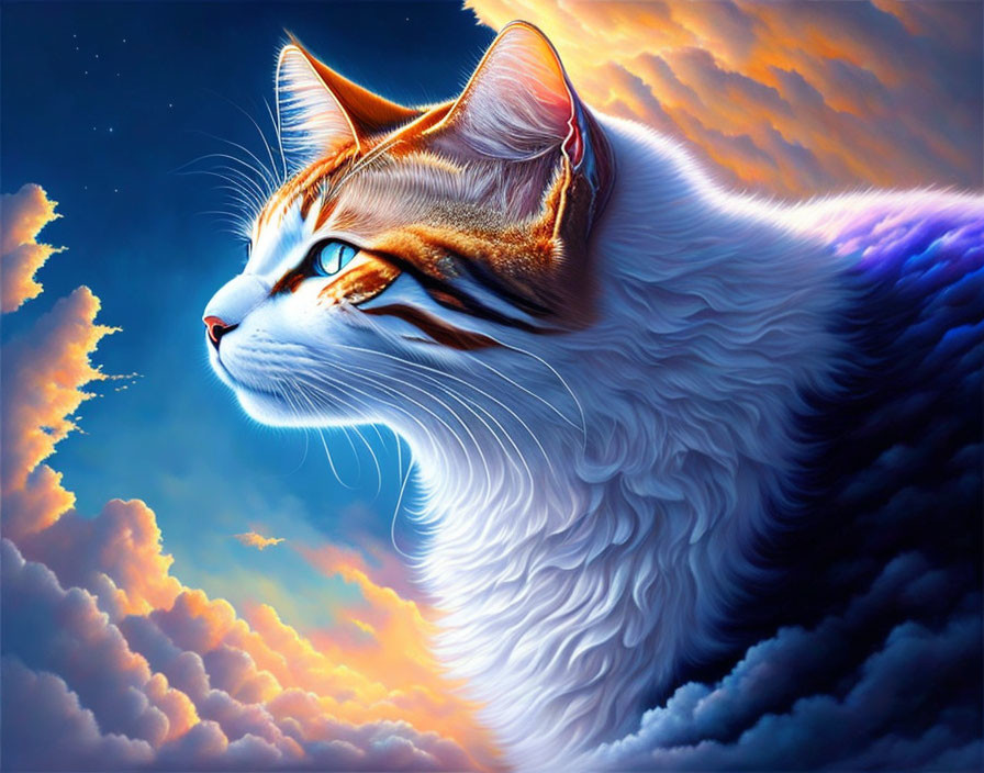 Majestic White and Ginger Cat Artwork Against Blue Sky