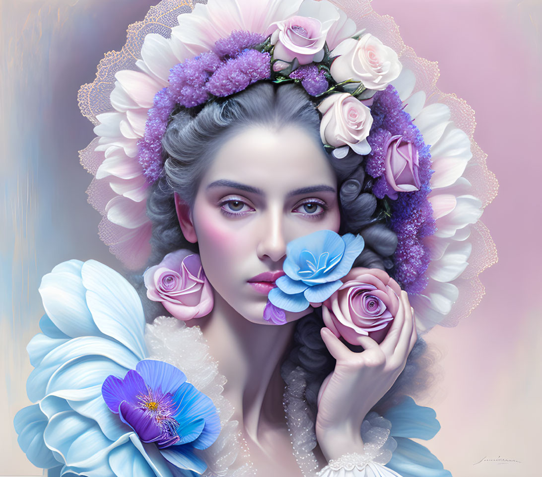 Ethereal woman surrounded by colorful flowers in purples and blues