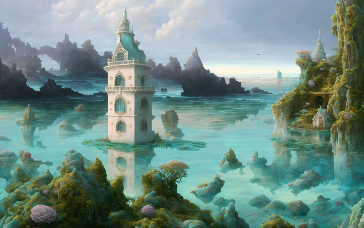 Ethereal fantasy landscape with white tower, teal waters, green isles, misty mountains