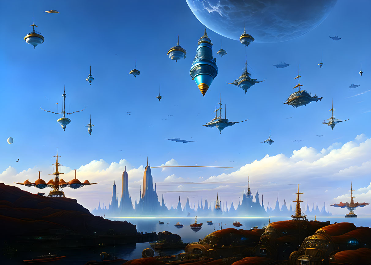 Futuristic cityscape with floating ships and spires under vast sky