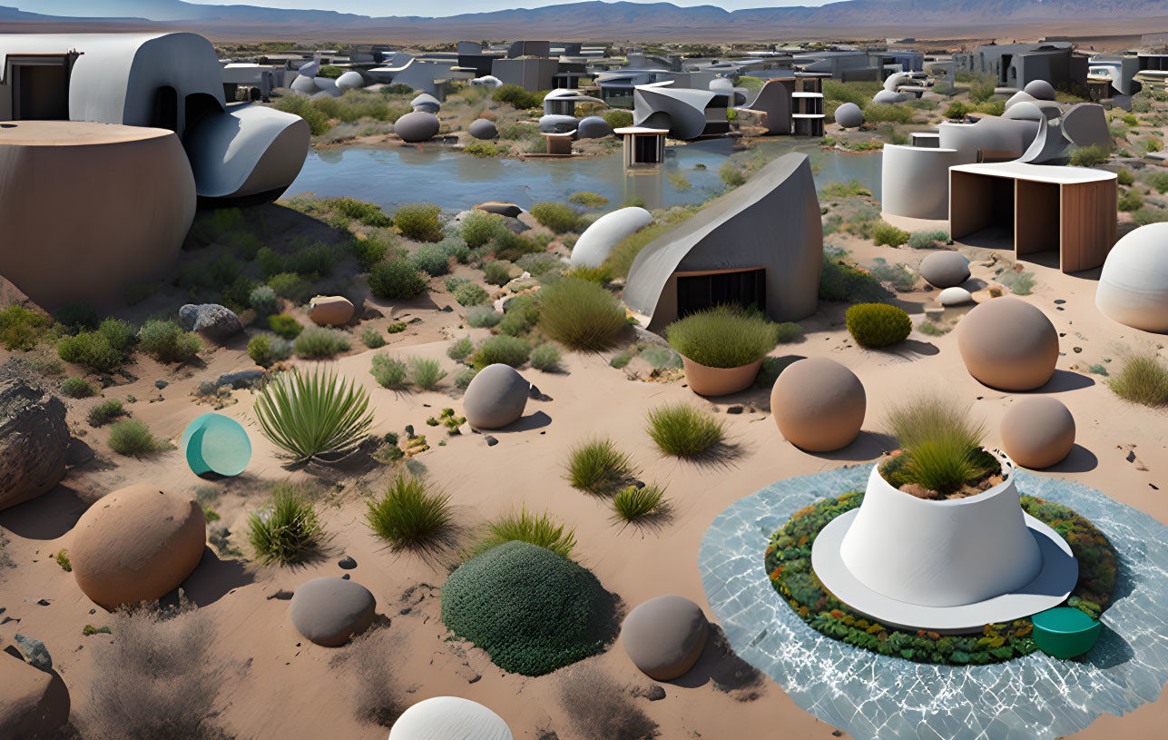 Futuristic desert settlement with dome-like structures and greenery