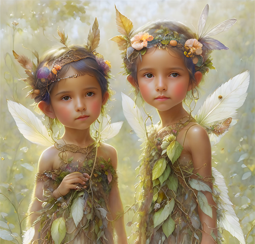 Young children as fairy-like creatures with delicate wings and floral crowns in soft, ethereal setting